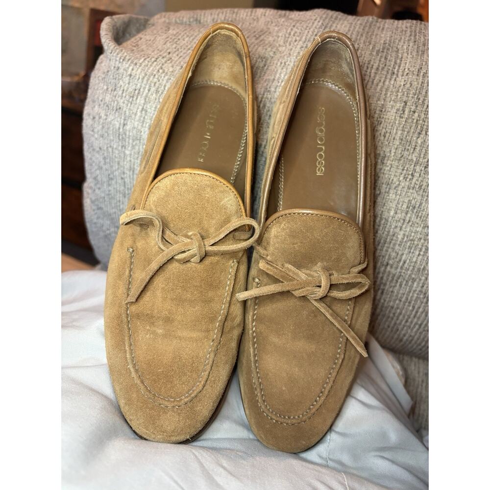 Sergio Rossi Suede Bow Loafers Tan Beige IT 36 US 6 Women's Italy Luxury Flat
